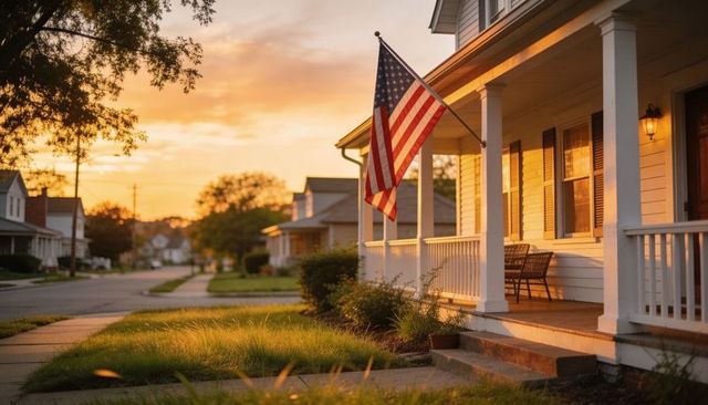 Warm sunset front porch with american flag on tree-lined suburban street