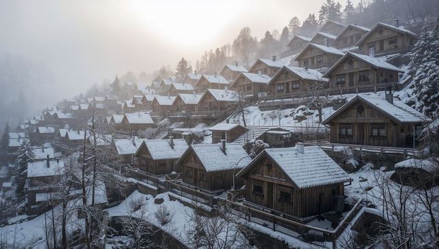 Sunlit snowy alpine chalets climbing steep hillside through soft morning mist