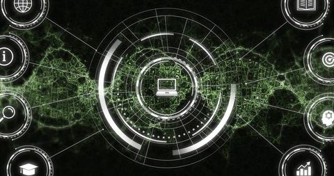 Futuristic circular hud dashboard showing laptop icon and green network visualization