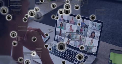 Connecting remote teams via virtual meeting on laptop with chat and people grid overlays
