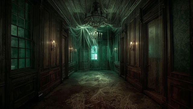 Abandoned manor corridor with webs and chandeliers