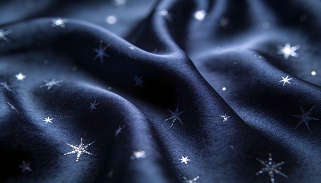 Shimmering midnight satin with metallic star motifs, glossy silk folds and sparkling highlights