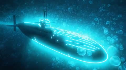 Glowing Submarine Gliding Through Deep Ocean with Cyan Neon Rim Lighting