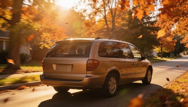 Cruising autumn neighborhood in sunlit tan minivan with falling leaves and lens flare