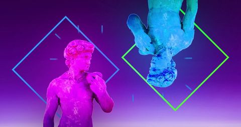 Vibrant digital sculptures with geometric shapes on purple gradient