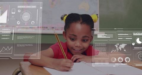Elementary student writing at desk with futuristic HUD overlays showing progress data