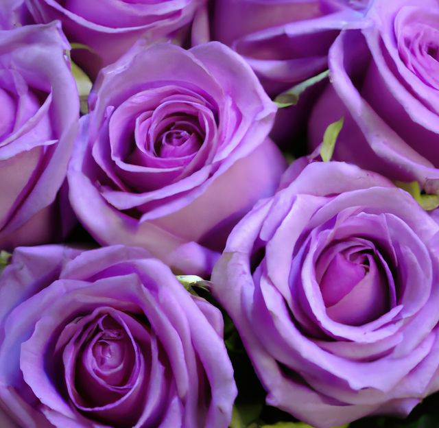This image captures a detailed close-up of vibrant purple roses in full bloom, showcasing their delicate petals and striking colors. Ideal for use in floral design projects, wedding invitations, greeting cards, or as decorative wall art. Perfect for nature and flower enthusiasts, adding a touch of elegance and beauty to any setting.