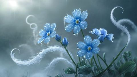 Magical blue forget me not flowers with dew drops and ethereal tendrils