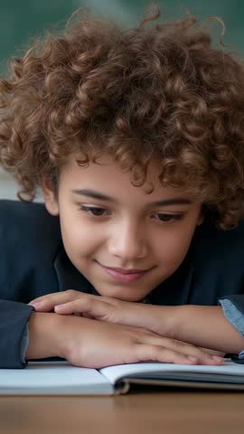 Curly Boy Reading at Desk in Blazer, Classroom Close-up Vertical Video