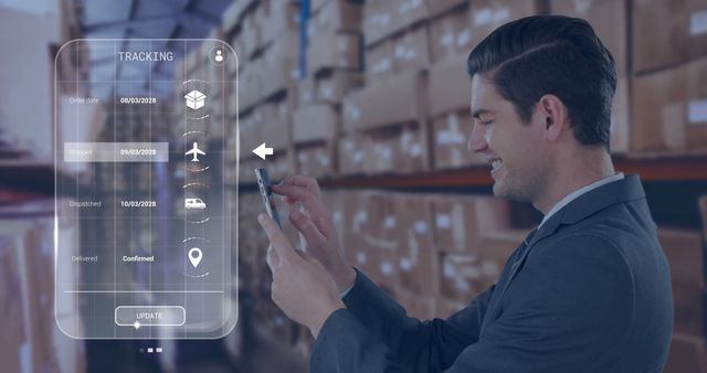 Businessman Using Smartphone in Warehouse with Digital Tracking Interface - Download Free Stock Images Pikwizard.com