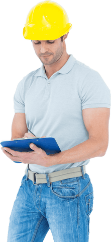Architect writes notes on clipboard, highlighting planning and safety in construction context. Useful for project management, safety protocols, and building industry illustrations.