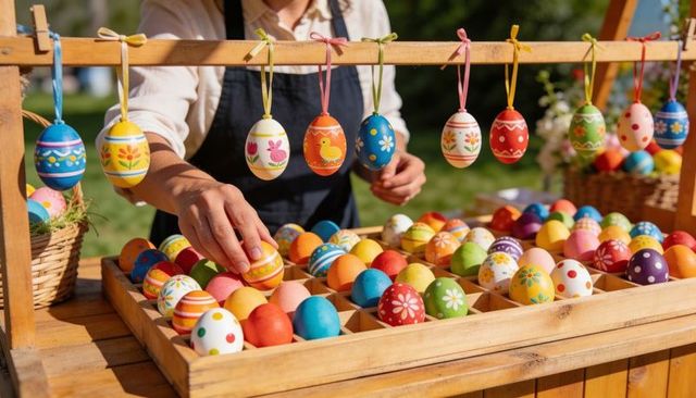 Sunlit Easter Market Stall Selling Hand-Painted Colorful Decorative Eggs and Artisan Crafts