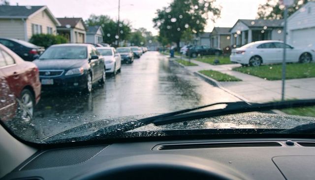Driving view through rain-spattered windshield on residential street