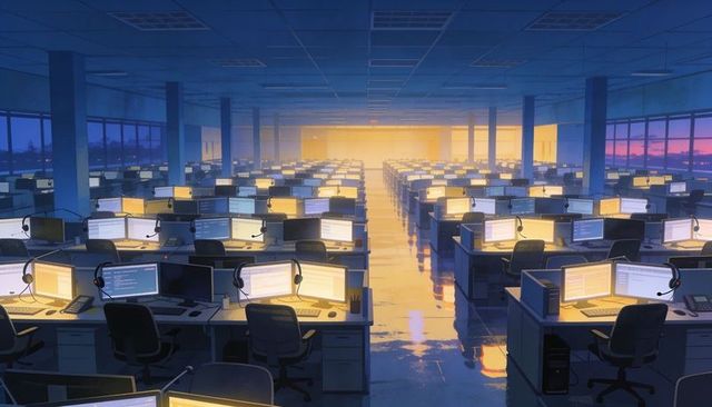 Twilight call center rows with glowing monitors, headsets and reflective floor
