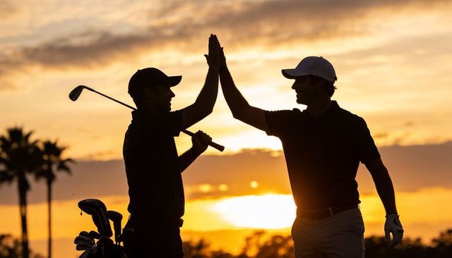 Golfers high-fiving at sunset silhouette, golden hour camaraderie on fairway celebration