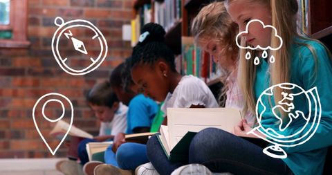 Children Reading in Library with Educational Icons Overlay