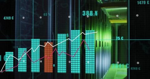 Data center analytics overlay showing bar chart with dual trend lines over server aisle
