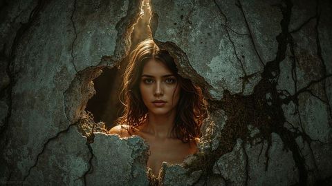 Woman Emerging Through Rocky Crack in Nature