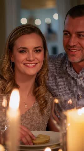 Vertical video: Romantic couple enjoying candlelit dinner with warm bokeh ambience