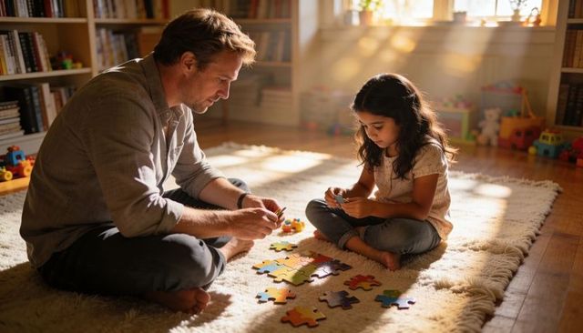 Father daughter assembling colorful jigsaw puzzle on rug in living room, family bonding