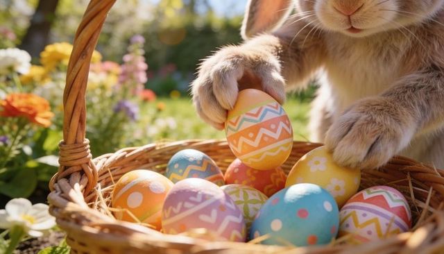 Easter bunny arranging pastel decorated eggs in wicker basket in sunny spring garden