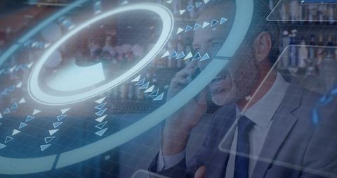 Executive speaking on smartphone with augmented reality hud overlays in upscale lounge bar