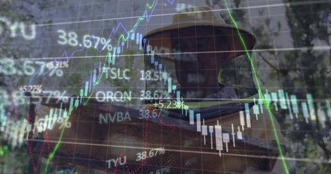 Beekeeper analyzing market trends with apiary overlay
