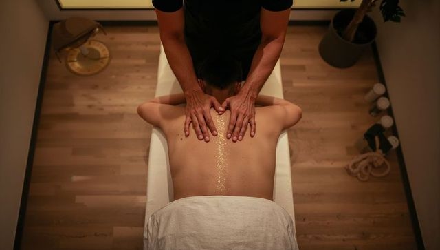 Therapist massaging back with golden oil strip on towel in minimalist spa ambience