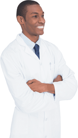 Confident smiling male doctor with arms crossed on transparent background