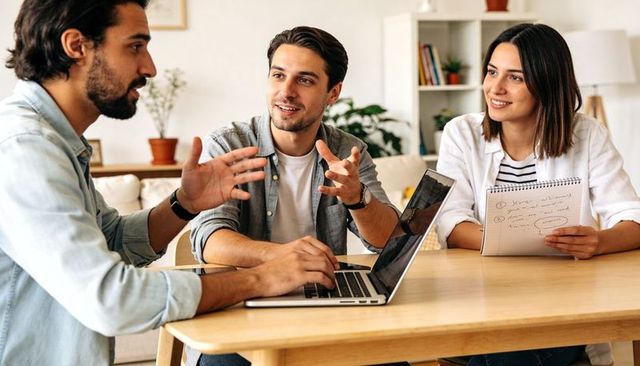 Young professionals collaborating around laptop in home workspace, brainstorming ideas