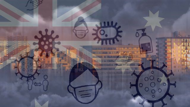 Illustration depicts visual blend of Australian flag, cityscape, and COVID-19 icons, symbolizing the country's response to the pandemic. Useful for articles or presentations about the coronavirus impact on urban areas in Australia, public health strategies, or the economic effects of the pandemic.