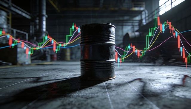 Rusty Oil Barrel Casting Shadow in Industrial Warehouse with Stock Market Charts