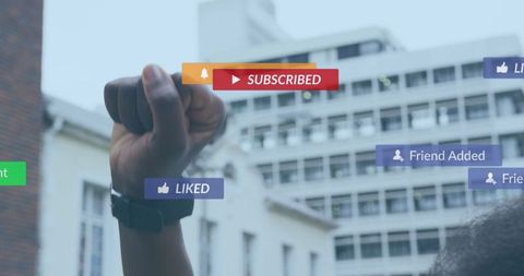 Social Media Engagement Symbols Overlay on Urban Background