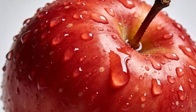 Dew-covered glossy red apple macro closeup showing water droplets and brown stem detail