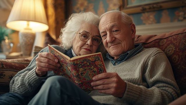 Senior couple reading ornate book on sofa in cozy living room