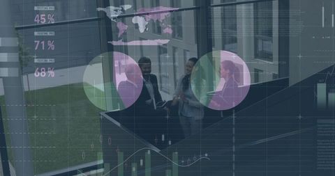 Business meeting amidst financial data and global statistics