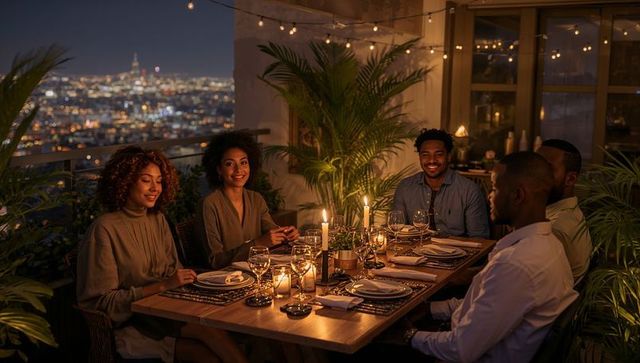 Friends enjoying candlelit rooftop dinner with city skyline and string lights at dusk