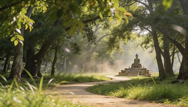Sitting buddha statue glowing in morning mist along winding forest path under sunbeams