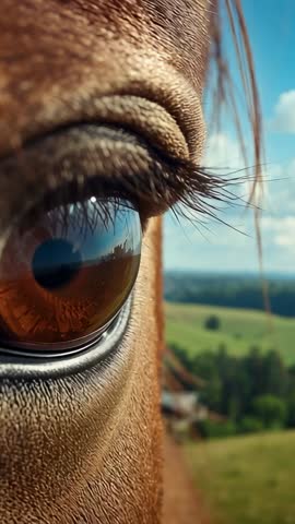 Capturing horse eye closeup reflecting operator silhouette in sunlit pasture vertical video