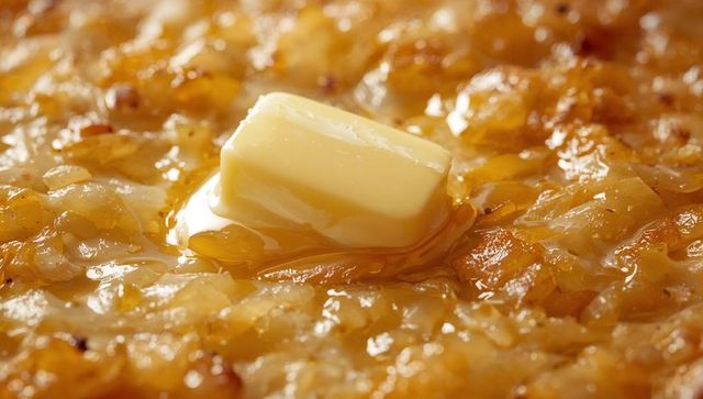 Melting butter pat pooling on golden caramelized pancake surface close-up macro texture
