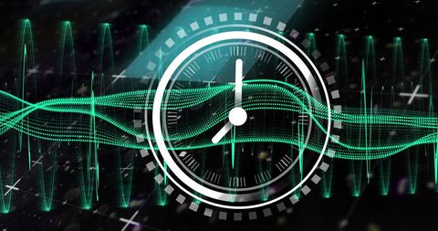 Digital Clock Overlay on Data Waves Symbolizing Time and Technology - Download Free Stock Images Pikwizard.com