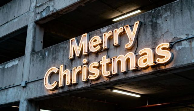 Glowing merry christmas neon sign illuminating weathered concrete parking garage at dusk