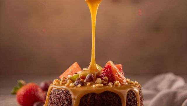 Caramel drizzling over chocolate bundt cake topping fresh strawberries and chopped nuts