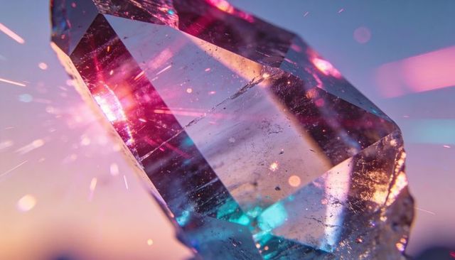 Faceted quartz crystal refracting magenta cyan and gold light with sparkling bokeh flares