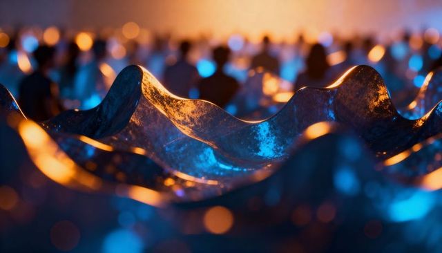 Abstract undulating metallic waves with orange and blue bokeh lighting, textured patina