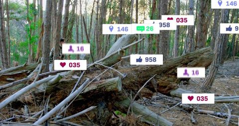 Social media icons in woodland adventure scene