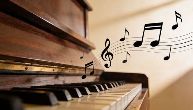 Vintage upright piano keyboard showing warm woodgrain and floating musical notes