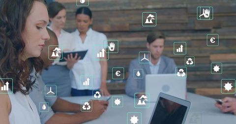 Business team collaborating with sustainability and analytics icons overlay for esg strategy