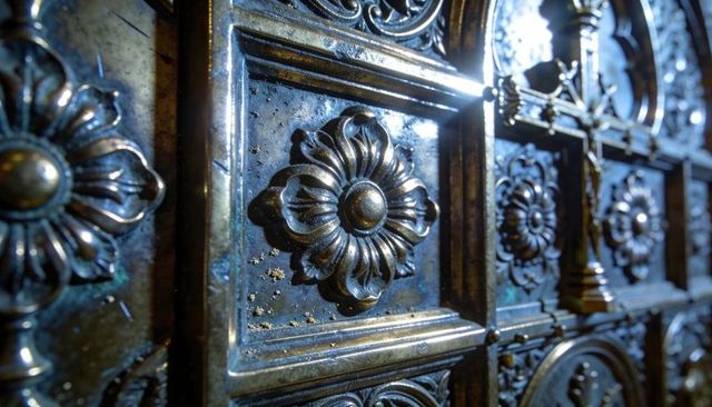 Ornate floral rosette metal door panel showing verdigris, gilded patina and rivets