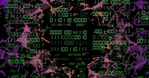 Pulsing green binary matrix framing neon polygon mesh particle network for futuristic data flow